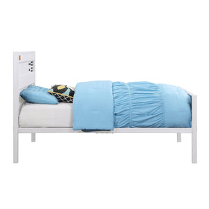 English Elm White Twin Platform Bed with Industrial Metal Frame, Panel Headboard, Low-Profile Footboard & Cargo Lock Accents B062P186408