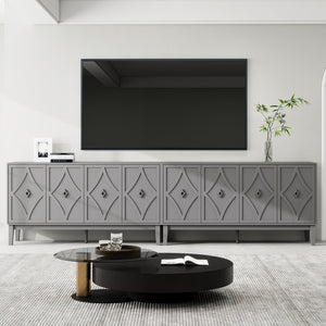 English Elm 4 Door Sideboard Buffet with Hand Carved Geometric Panels Black Oak Finish Raised Legs W688P359831