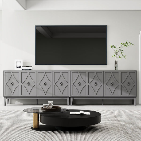 English Elm 4 Door Sideboard Buffet with Hand Carved Geometric Panels Black Oak Finish Raised Legs W688P359831