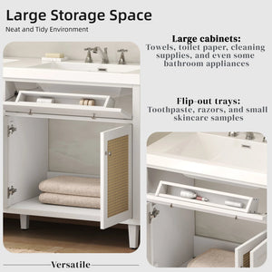 English Elm Christopher Knight Home® - 60 Inch Bathroom Vanity with Double Sinks SMC, Rattan Doors, Soft-Close Drawers, Stable Pine Legs White N817P296140W