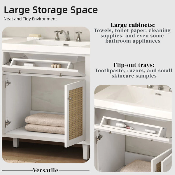 English Elm Christopher Knight Home® - 60 Inch Bathroom Vanity with Double Sinks SMC, Rattan Doors, Soft-Close Drawers, Stable Pine Legs White N817P296140W