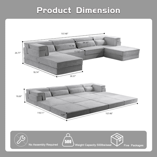 English Elm Compression Modular Floor Sofa Bed - Cozy, No Assembly Needed, Pet-Friendly, Light Grey - Versatile Comfort! W3723S00040