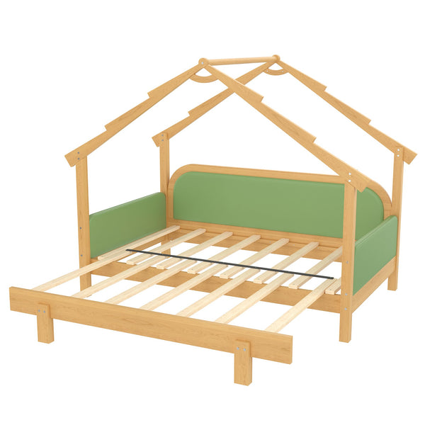 English Elm Twin Pine Treehouse Floor Bed with Padded Rails and Cabin Roofline for Kids Green W1580S00384