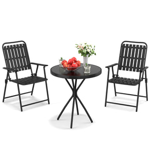 English Elm 3-piece Outdoor Bistro Set Foldable Slatted Chairs Tempered Glass Table Weather Resistant Black W3979S00010