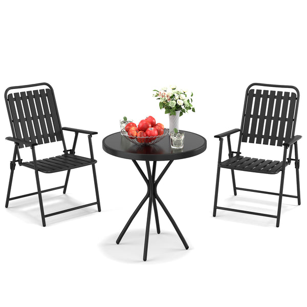 English Elm 3-piece Outdoor Bistro Set Foldable Slatted Chairs Tempered Glass Table Weather Resistant Black W3979S00010