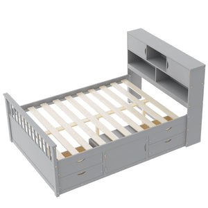 English Elm Full Size Captain Platform Bed Frame With Storage, Bookcase Headboard & Configurable Drawers, Gray N7090000473E