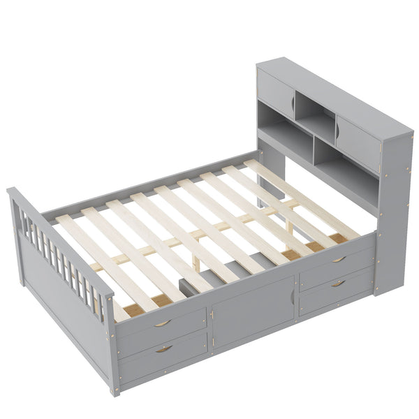 English Elm Full Size Captain Platform Bed Frame With Storage, Bookcase Headboard & Configurable Drawers, Gray N7090000473E