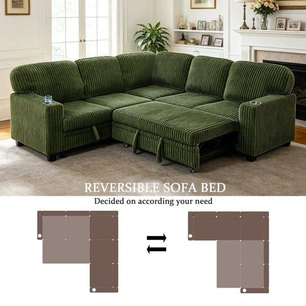 English Elm L-shaped Sectional Sleeper Sofa with Hidden Storage Usb Charging Corduroy Upholstery Olive Green W1998S00095