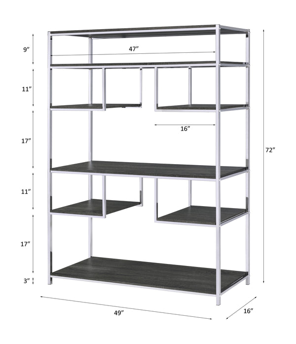 English Elm Vonara Rustic Gray Oak Bookshelf with Chrome Frame — 7 Open Shelves, Etagere Style Storage Appeal B2726P256367