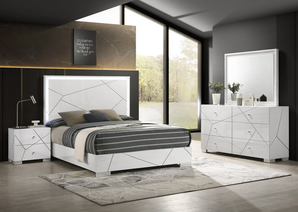 English Elm 1Pc King Size Bed With Led-Lit Headboard - High-Gloss White Modern Design For Luxurious Bedrooms B2741S00600