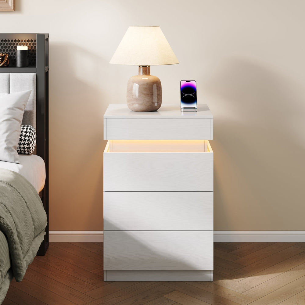 English Elm Nightstand with Rgb Led Lighting and Charging Hub Three Drawer Sleek Modern Bedside Ameican White Oak W5221P422262
