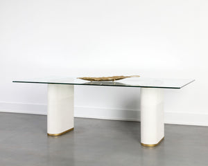 Sunpan Aemond 86.5" Elegant Dining Table with Clear Glass Top & White Concrete Legs for Stylish Spaces