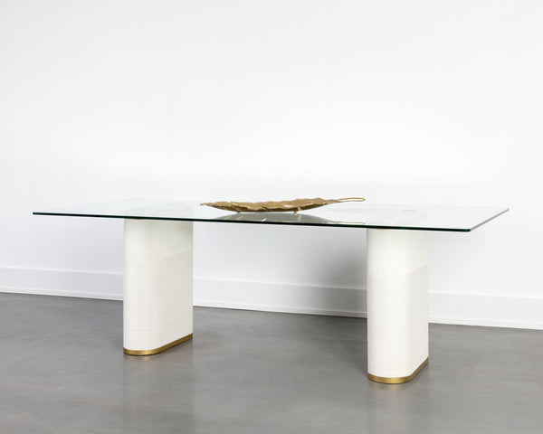 Sunpan Aemond 86.5" Elegant Dining Table with Clear Glass Top & White Concrete Legs for Stylish Spaces