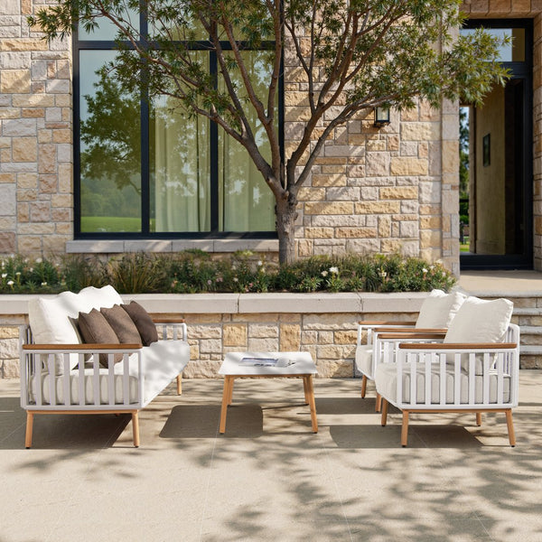 English Elm Jennifer Taylor Home - Calarono Teak & Aluminum Patio Accent Arm Chair Set of 2 — Sand Dune Chenille Cushions, UV‑Resistant Comfort, Rust‑Proof Frame (32x30x30) B2719P320844