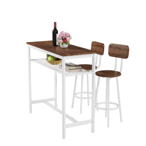 English Elm 3 Piece Bar Table Set with Storage Rack, Counter Height Wood Top & White Metal Frame, 2 Stools Ideal for Kitchen, Dining, Bar (39.4x15.7x36.2 in) W578P304321