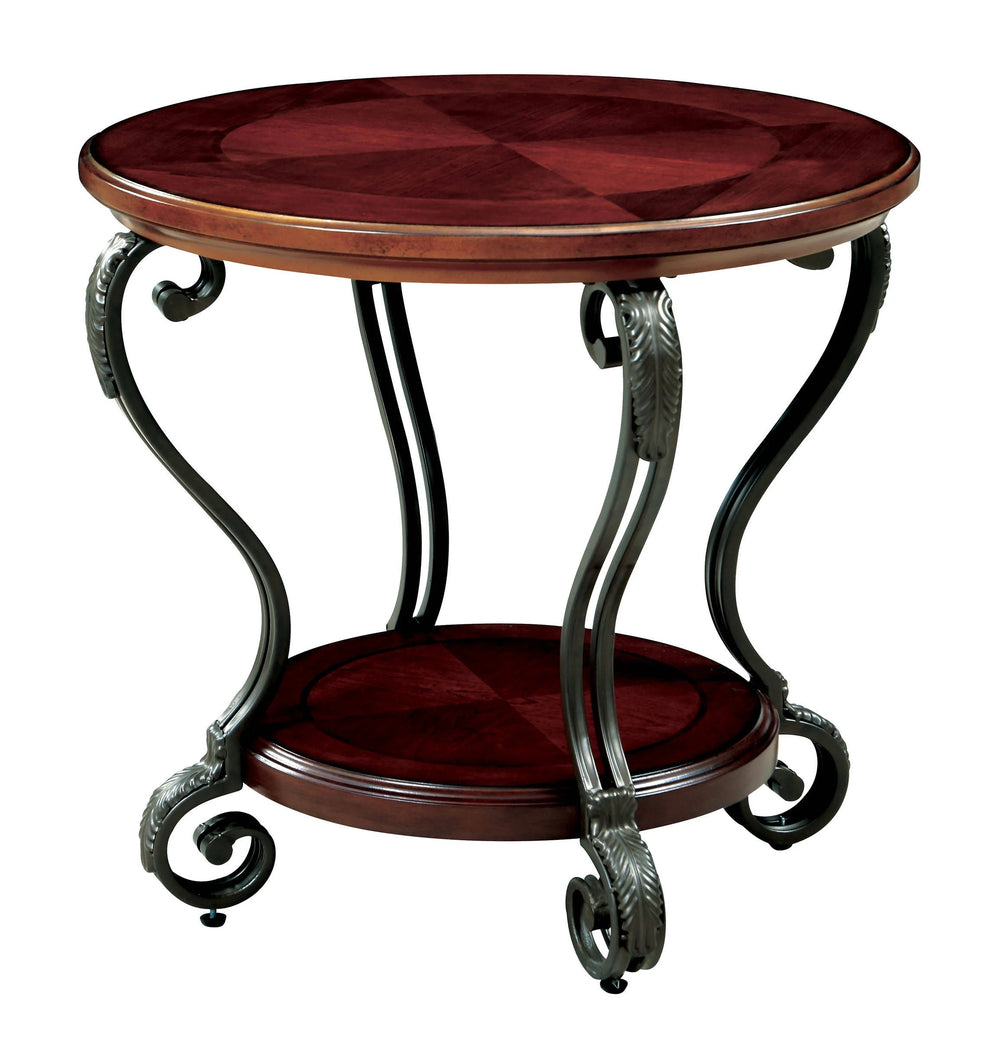 English Elm Traditional Ornate Brown Cherry End Table with Scroll Metal Legs, Open Shelf, 28"L x 28"W x 26.5"H, Classic Accent Piece B011P184987
