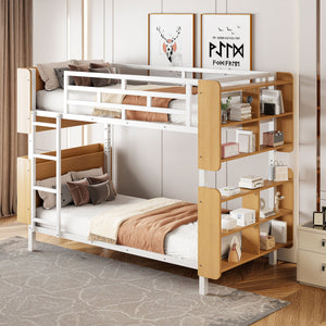 English Elm Twin Metal Bunk Bed with Built-In Headboard Storage and Footboard Shelves, Sturdy Space-Saving Design White SF000176AAK