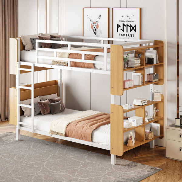 English Elm Twin Metal Bunk Bed with Built-In Headboard Storage and Footboard Shelves, Sturdy Space-Saving Design White SF000176AAK