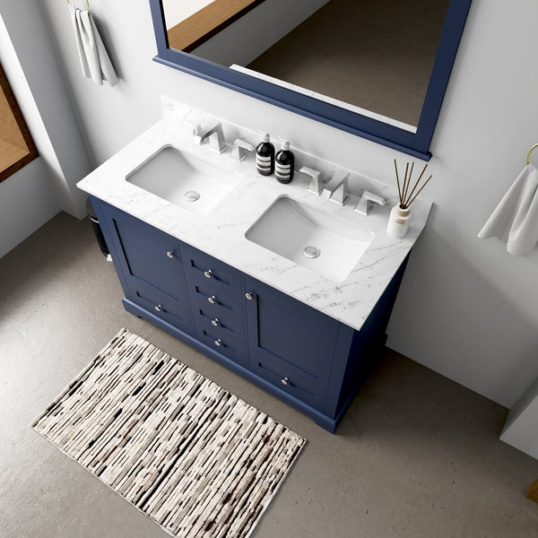 English Elm Navy Double Bath Vanity 48" W x 22" D with 46" Mirror — Wood, Fully Assembled, Ample Storage Space B2731S00484