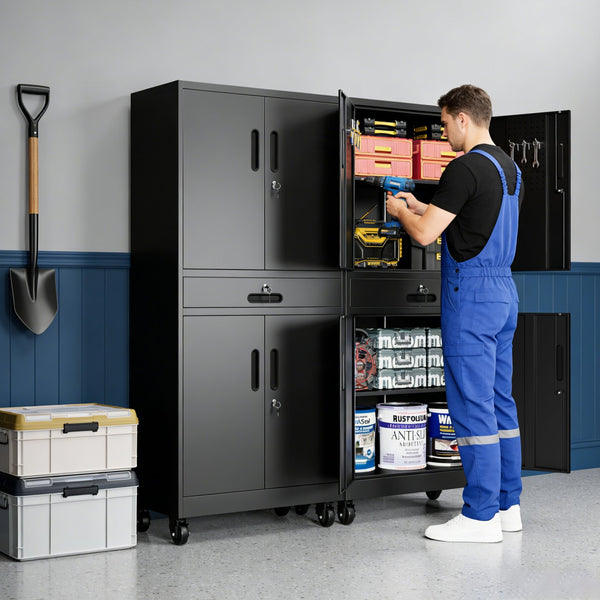 English Elm Metal Rolling Garage Cabinet with Pegboard Door Drawer Locking Storage and Adjustable Shelves T2398P465998