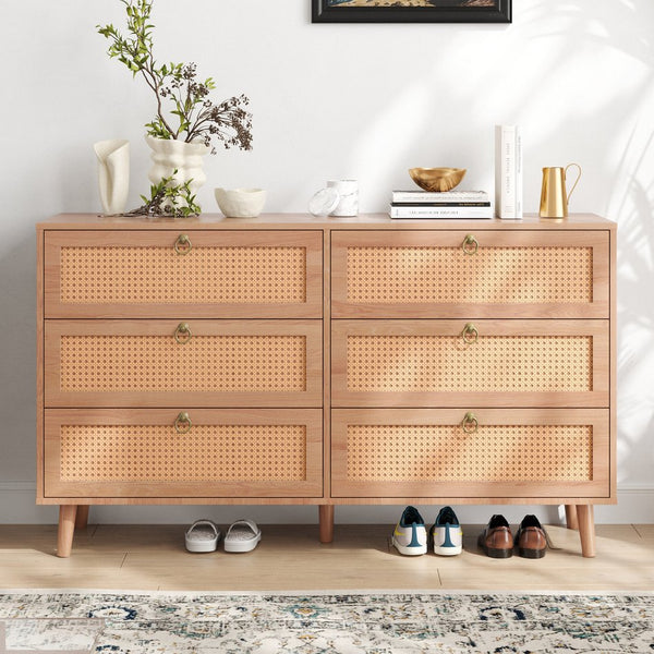 English Elm Rattan 6-Drawer Double Dresser with Handwoven PE Rattan Fronts, Wood Top, Copper Pulls, Spacious Storage Natural T3623P411337