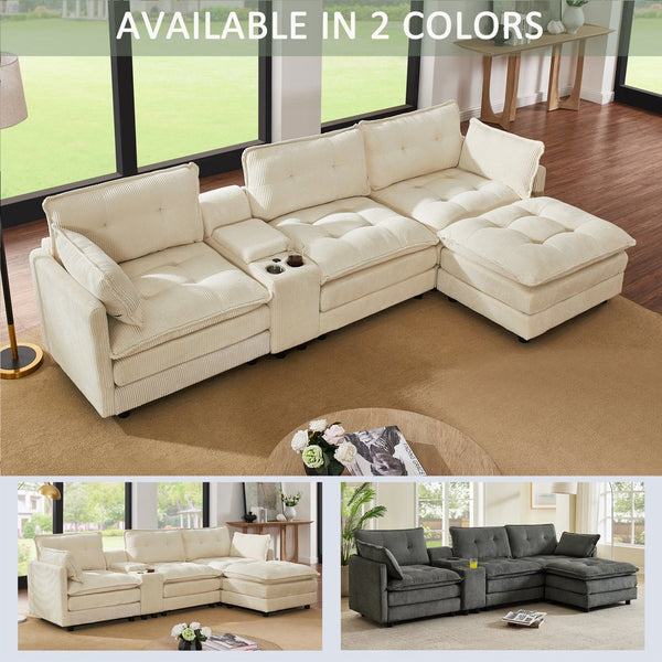 English Elm 119" Tufted Corduroy L-shaped Sectional with Ottoman Console Usb Charging 4 Seat Beige W1998S00100