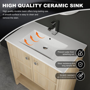 English Elm 30" Freestanding Bathroom Vanity with Ceramic Sink, Oak Plywood Finish, Soft-Closing Doors, Open Shelf W1972S00024