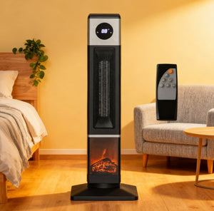 English Elm Black Ceramic Tower Heater with 3d Flame Display Remote Timer and Oscillating Warmth T3971P414381