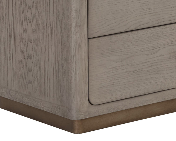 Sunpan Danette Dresser - Sleek Grey Oak Design with Warm Brass Accents & Open Shelf for Stylish Storage Solutions