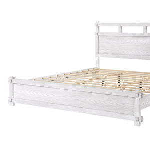 English Elm Queen Farmhouse Platform Bed Antique White Wood Grain Two-tiered Headboard Solid Frame N758P369328W