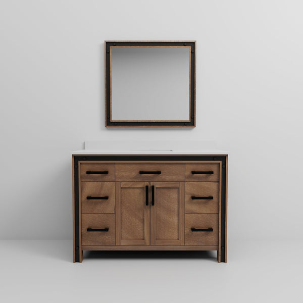 English Elm Rustic Barnwood 48" Bath Vanity with White Quartz Top, Soft-Close Drawers, Mirror & Ample Storage B2731S00807