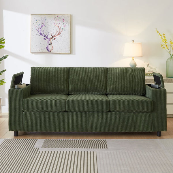 English Elm 81" Queen Sleeper Sofa with Pull Out Bed Storage Charging Ports and Cup Holders Green W3705S00042