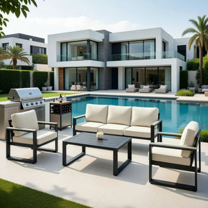 English Elm All-weather Aluminum 5 Seat Outdoor Conversation Set with Tempered Glass Table Beige+Grey B082S00116