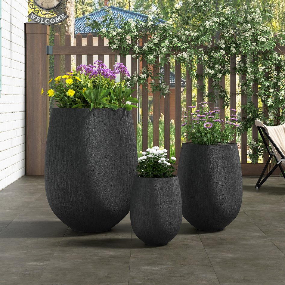 English Elm U_style Egg Shaped Mgo Stone Look Planters Set of 3 Sculptural Pots for Patio Garden N711P406659B