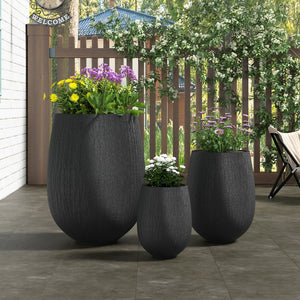 English Elm U_style Egg Shaped Mgo Stone Look Planters Set of 3 Sculptural Pots for Patio Garden N711P406659B