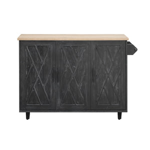 English Elm K&K Farmhouse Kitchen Island with Geometric Twill Doors, ASH Bark Top, Drop Leaf & Lockable Wheels Black N707P221444B