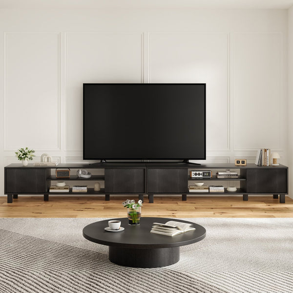 English Elm Modern Low Profile Media Console with Open Shelving and Concealed Cabinet Storage Black T3623P435424