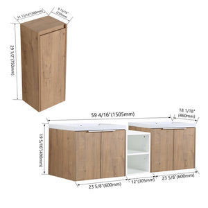 English Elm 60" Modern Wall-Mounted Bathroom Vanity Combo With Soft Close Doors, Dual Sinks & Side Cabinet Storage W999S00226