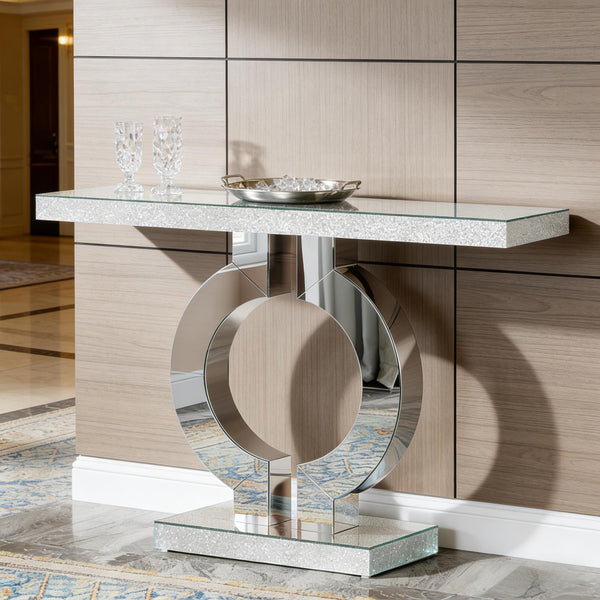 English Elm Mirrored Console Table with O-shaped Base Slim Acrylic Glam Entryway Accent T3971P453326
