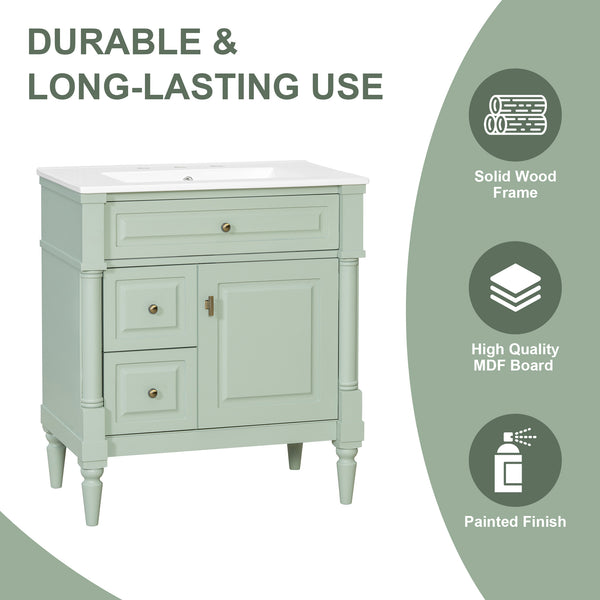 English Elm 30" Freestanding Bathroom Vanity Rubberwood Frame Ceramic Sink Flip Drawer Storage Green N725P356062F