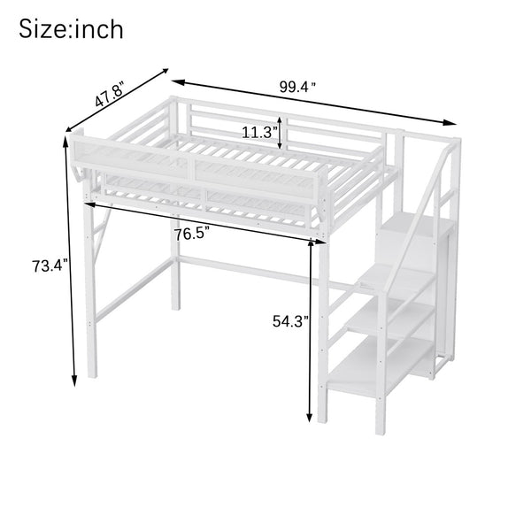 English Elm Twin Xl Loft Bed With Stairs, Storage Shelves & Wardrobe - Space-Saving Metal Bed For Kids & Teens W2580S00050-GIGA