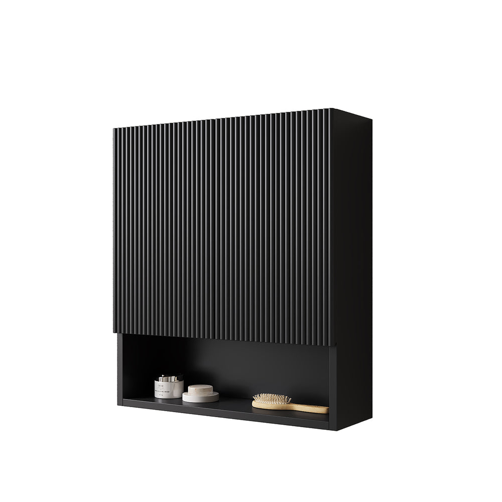 English Elm TOBI Matte Black 26" Wall Cabinet with Soft-Close Doors, Shelf & Open Storage Over Toilet W2615P279441