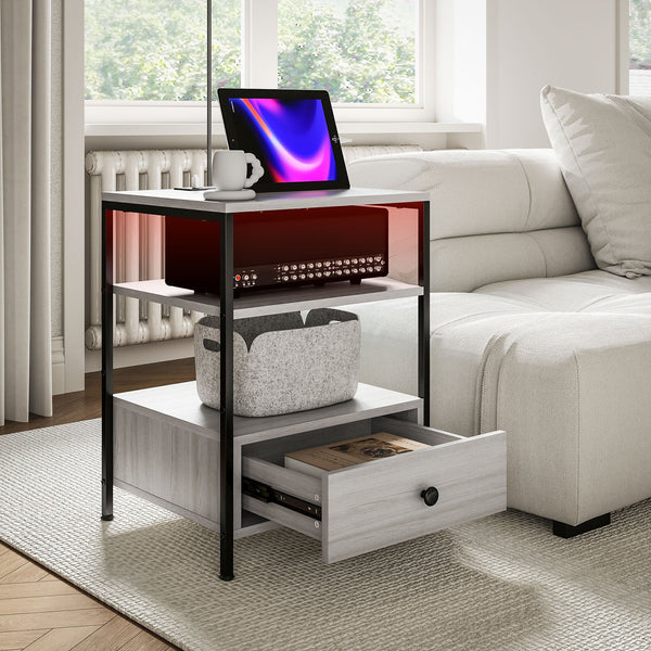 English Elm Homcom 3-Tier End Tables With Usb Charging, Rgb Led Lights & Storage Drawers For Modern Living Spaces W2225P229087