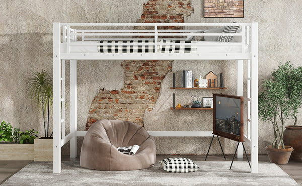 English Elm Twin Xl White Iron Loft Bed with Guardrails and Ladder for Dorm or Teen Room W1580P435706