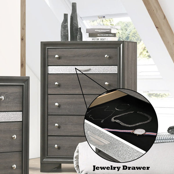 English Elm Naima Gray Finish Chest with 5 Drawers & Felt Jewelry Organizer, Silver Knobs, Smooth-Glide Runners B2726P261249