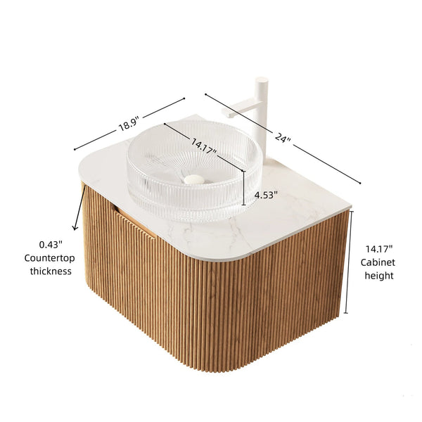 English Elm Dina Floating Bathroom Vanity with Sintered Stone Top and Crystal Glass Basin Carrara White,Natural Wood,Transparent W2615S00444
