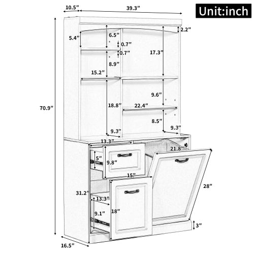 English Elm Bathroom Tall Storage Cabinet with Tilt-Out Hamper, 70.9" Linen Tower, 2 Drawers, Adjustable Shelves, White Finish N725P278420K