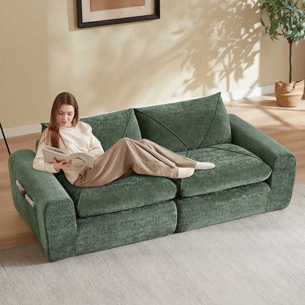 English Elm Modern Chenille Sectional Sofa with Foot Extension Low Profile Living Room Comfort Green W3396P463871