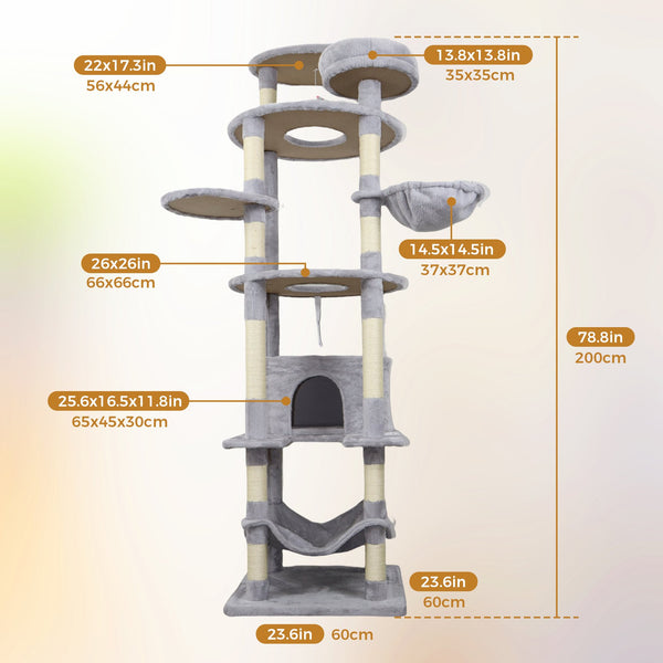 English Elm 71 Inch Floral Cat Tower with Condo Hammock Sisal Posts and Plush Perches for Large Breeds Light Gray W243P326647