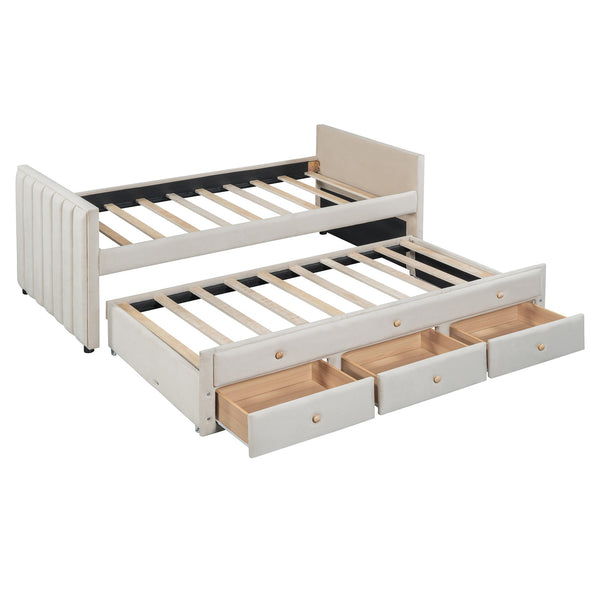 English Elm Twin Upholstered Daybed with Pull-Out Trundle and 3 Drawers, Velvet Finish, Solid Frame, Slat Kit Included Beige SF000147AAA